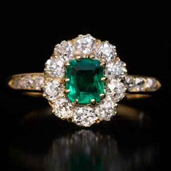 Antique emerald diamond cluster ring