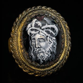 Renaissance Limoges enamel and gilt bronze ring circa 1550
