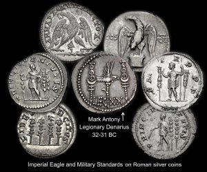 Roman coins - Mark Antony Legionary denarius and silver coins with Imperial eagle and military standards