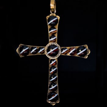 Large banded agate, diamond and gold cross pendant circa 1880