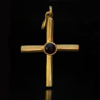 Byzantine gold cross pendant with cabochon garnet