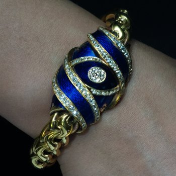 Blue guilloche enamel diamond and gold antique bracelet