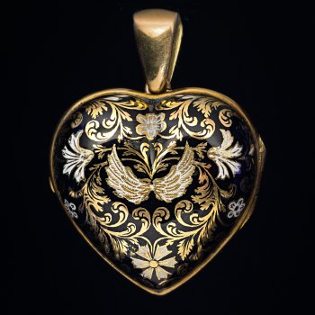 Antique Puffed Heart Enameled Gold Victorian Era Pendant