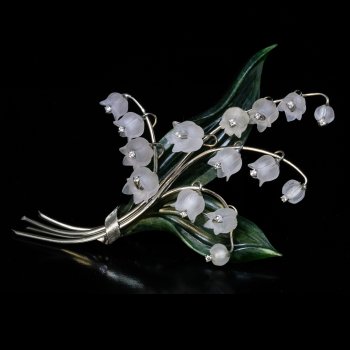 Lily of the Valley brooch - carved rock crystal, nephrite jade, gold, and diamonds