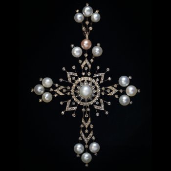 Belle Epoque antique pearl, diamond and gold cross pendant