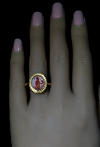 Ancient Roman gold ring with carnelian intaglio of Minerva