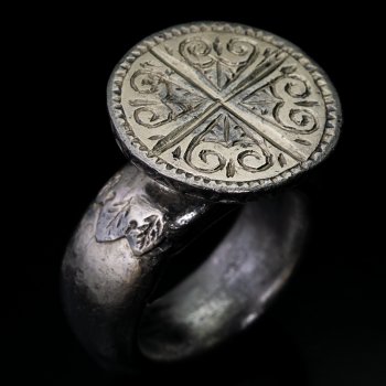 Heavy medieval silver ring with cross motif circa 11th century