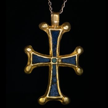 Byzantine glass inlaid gold cross pendant